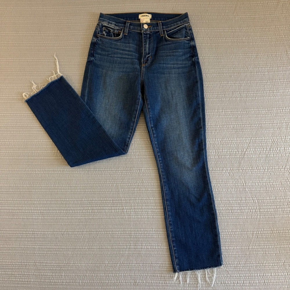 L'AGENCE High Rise Straight‎ Leg Raw Hem Jeans Dark Wash Blue Womens Size 25